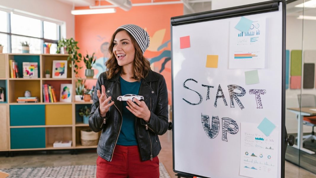 Mladá podnikatelka sebevědomě prezentuje svůj projekt u tabule s nápisem START UP v moderní barevné kanceláři. V ruce drží zmenšený model auta jako ukázku reálného produktu.