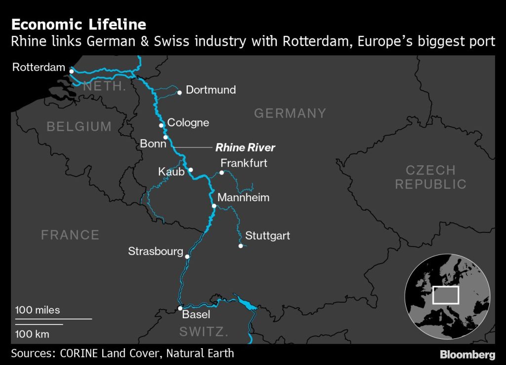 Mapa toku Rýna od Basileje přes Německo až k Rotterdamu