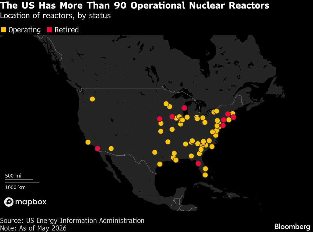 Mapa provozovaných a odstavených jaderných reaktorů v USA