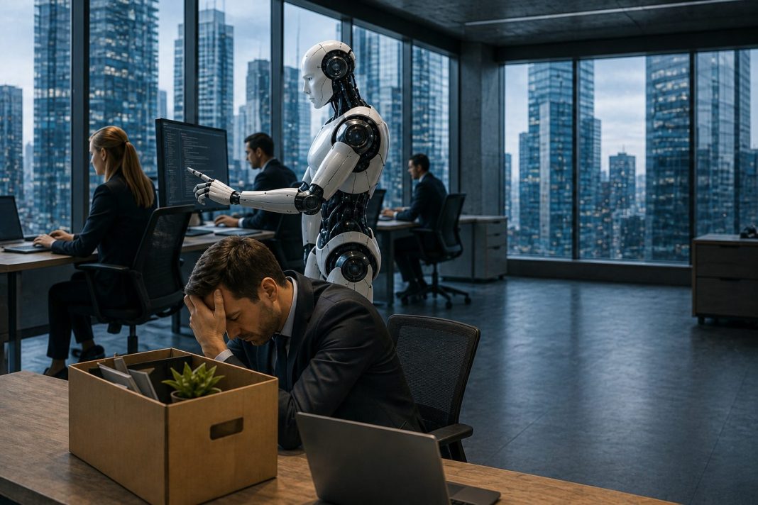 Humanoidní robot pracuje v moderní kanceláři, zatímco zaměstnanec sedí u stolu s krabicí