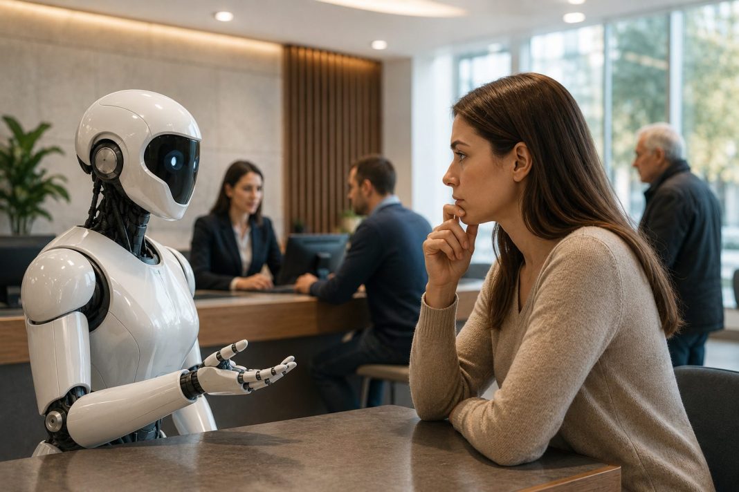 Žena komunikuje s humanoidním robotem v moderním bankovním prostředí