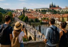 Český turismus roste díky domácím hostům, cizinci míří hlavně do Prahy Turisté pozorují historické centrum Prahy a Karlův most, jedna žena si výhled fotografuje mobilem