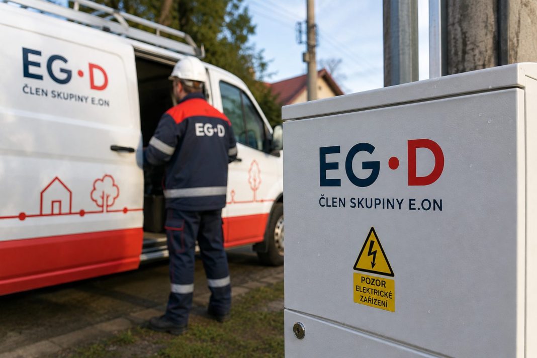 Ilustrační vizualizace pracovníka EG.D, servisního vozu a elektrického rozvaděče