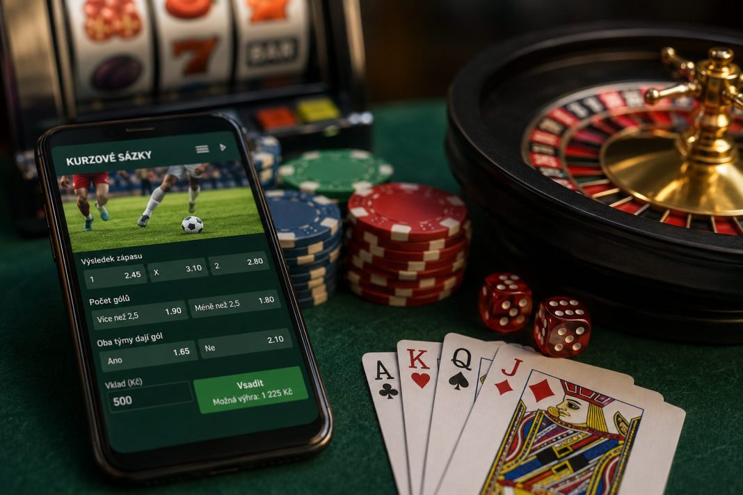 Mobilní telefon s kurzovými sázkami vedle rulety, žetonů, kostek a hracích karet