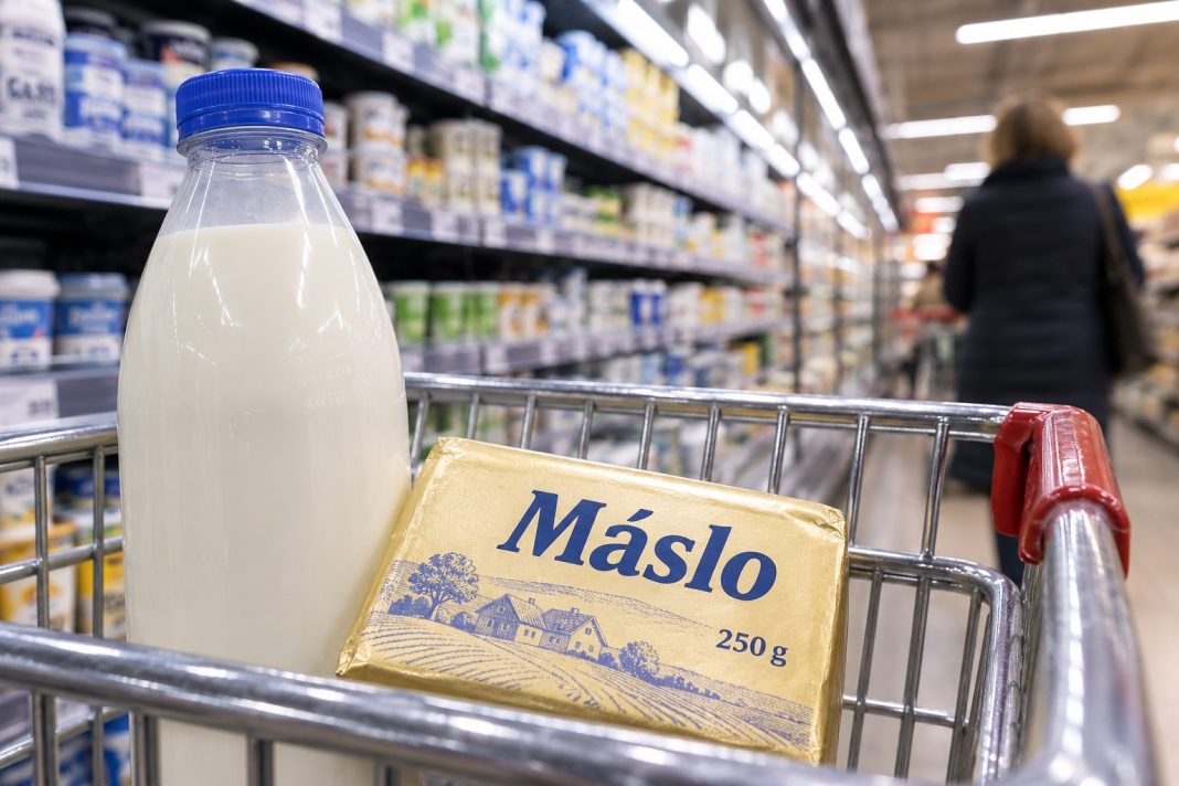 Mléko a máslo v nákupním košíku v supermarketu