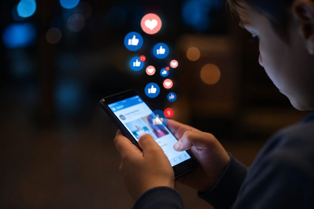 Mladý uživatel drží smartphone, kolem něj se vznášejí symboly reakcí sociálních sítí