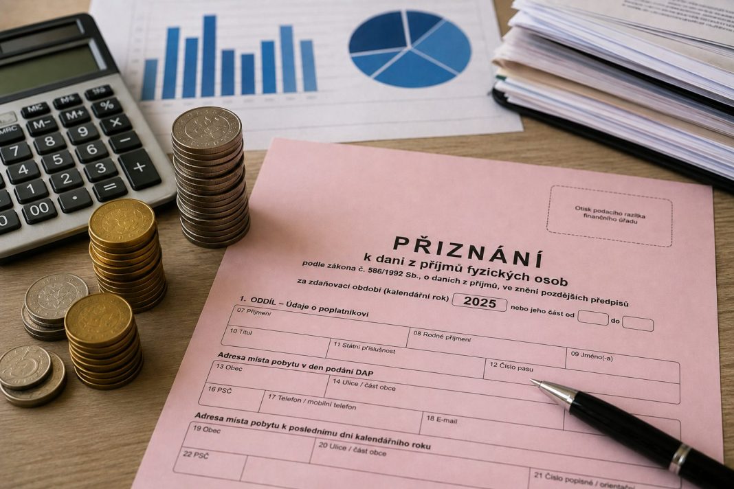 Daňové přiznání, mince, kalkulačka a finanční grafy na stole