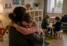 Klokánky a dětské azyly dostanou stabilnější peníze. Stát chystá nový systém financování Dospělá pečující osoba objímá malou dívku v prostředí zařízení pro děti, další děti si hrají v pozadí