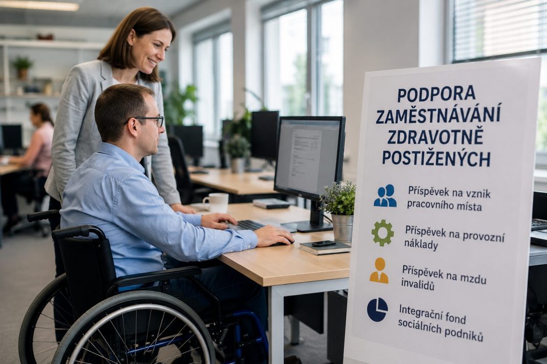 Muž na vozíku pracuje u počítače v moderní kanceláři s kolegyní