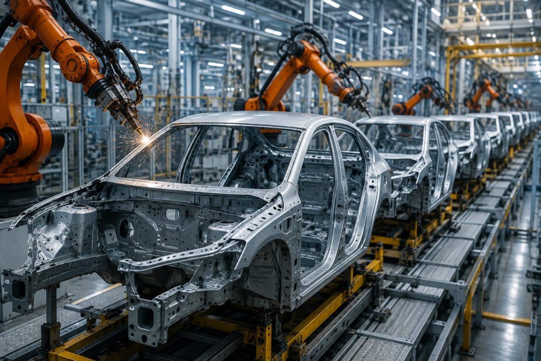 Robotická ramena svařují karoserii automobilu na výrobní lince