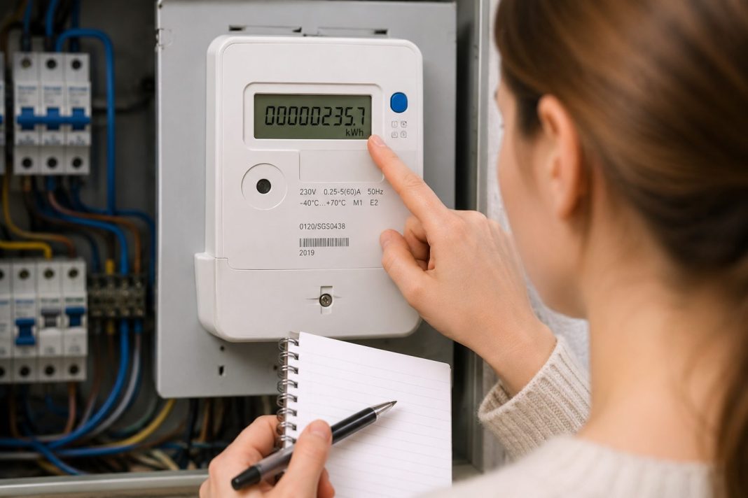 Žena odečítá hodnotu spotřeby na digitálním elektroměru a zapisuje si údaje