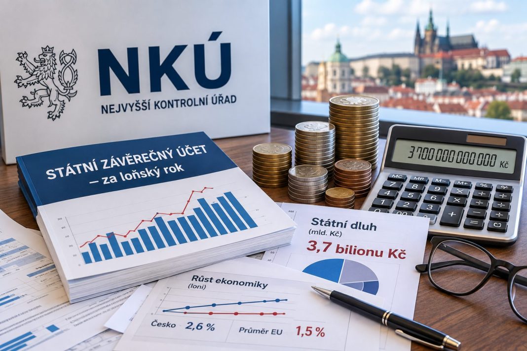 Ilustrační vizualizace NKÚ s grafy ekonomiky, státního dluhu a mincemi