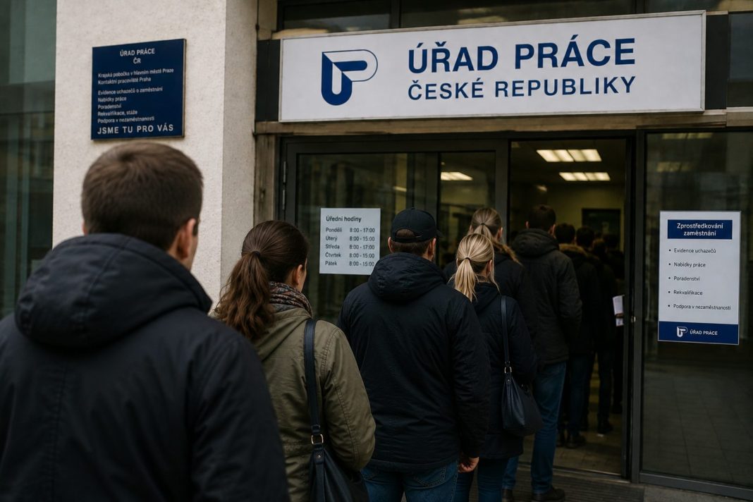 Lidé čekající před vstupem do budovy Úřadu práce České republiky