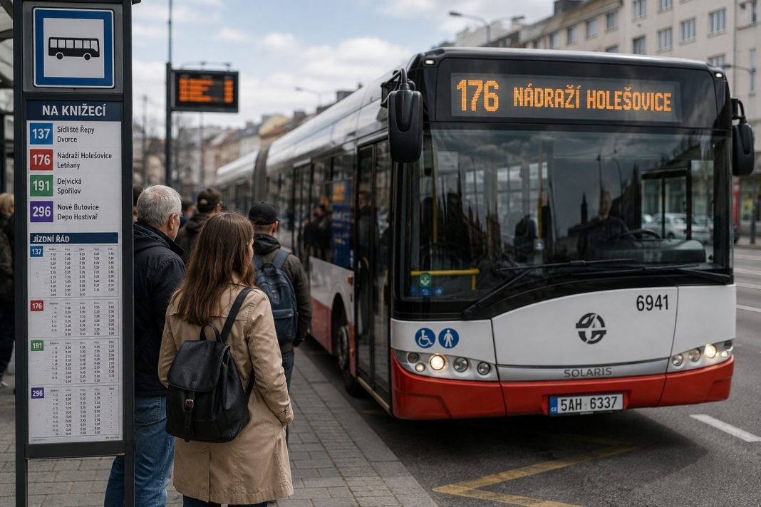 Městský autobus přijíždí k zastávce s čekajícími cestujícími