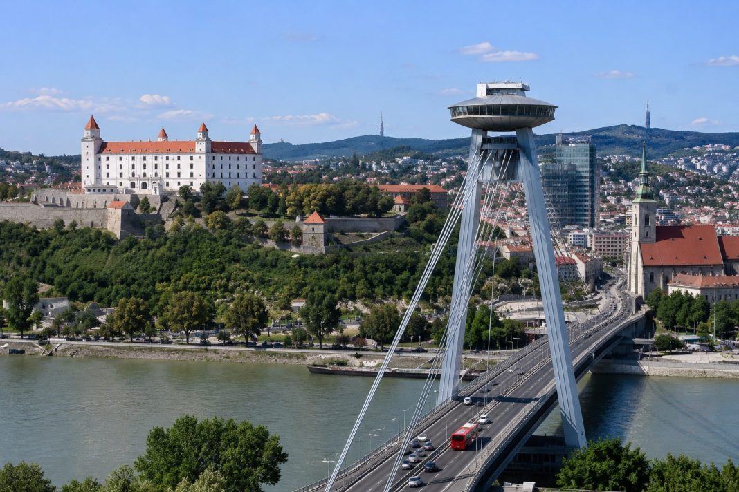 Panorama Bratislavy s Dunajem, Bratislavským hradem a mostem SNP