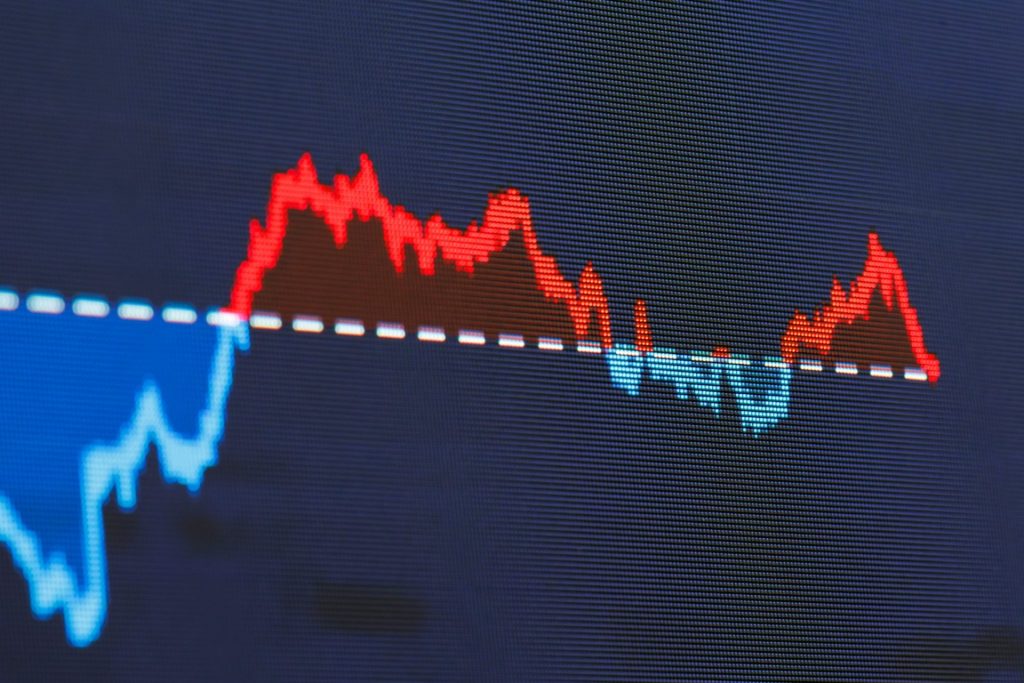 Detail obrazovky s modrou a červenou křivkou vývoje finančního trhu