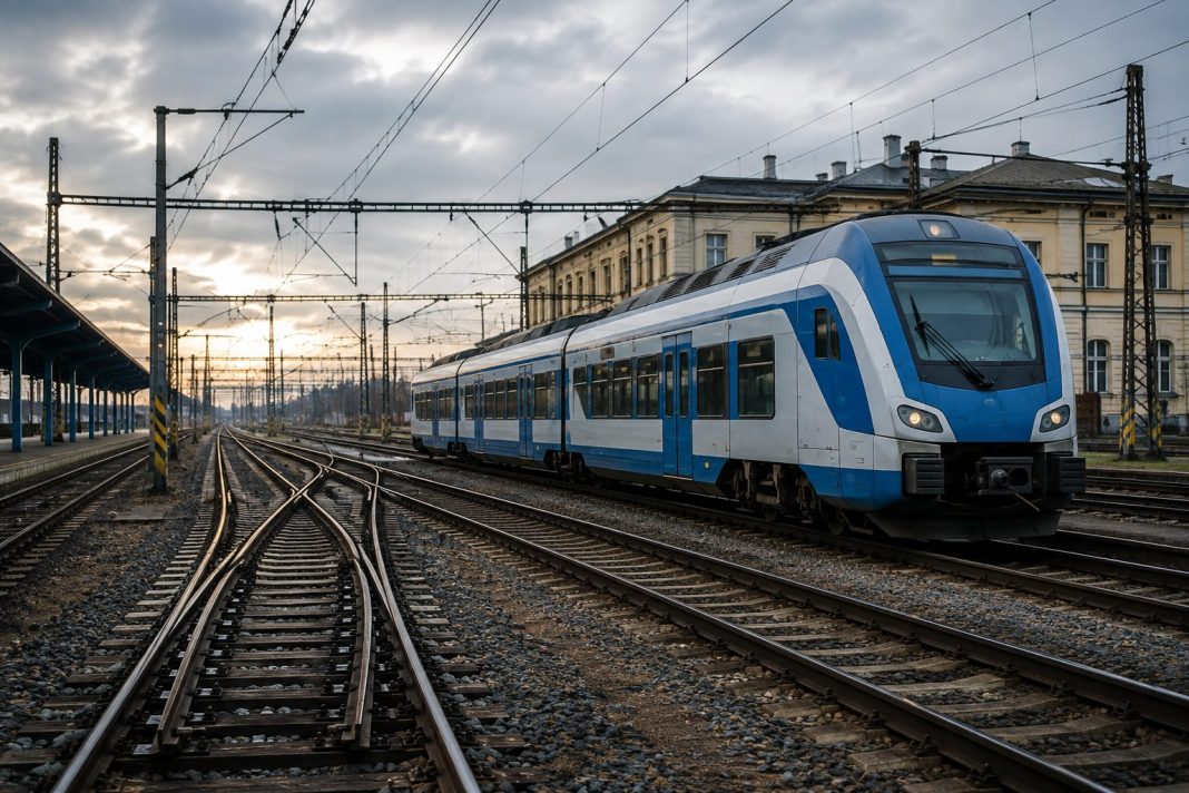 Moderní modrobílý vlak stojí na kolejích v železniční stanici pod trakčním vedením