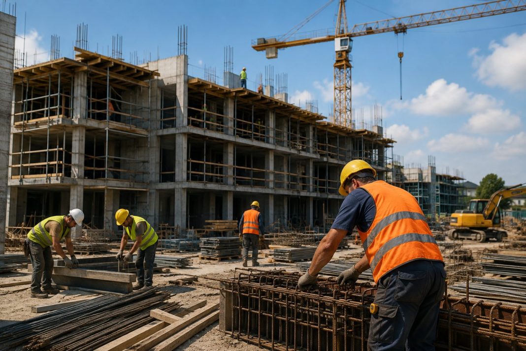Stavební dělníci v ochranných vestách pracují před rozestavěnou budovou a věžovým jeřábem