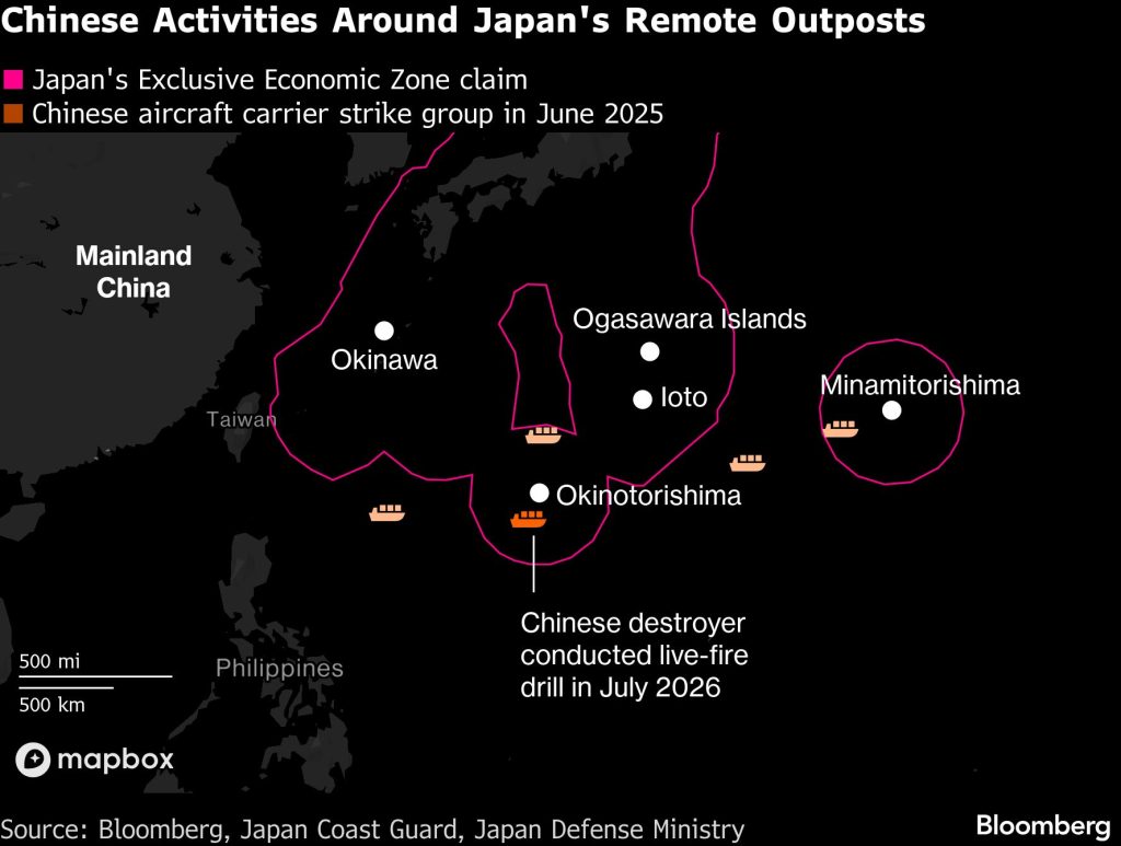Mapa ukazuje japonské výlučné ekonomické zóny, čínskou skupinu letadlové lodi v červnu 2025 a čínské vojenské aktivity u
