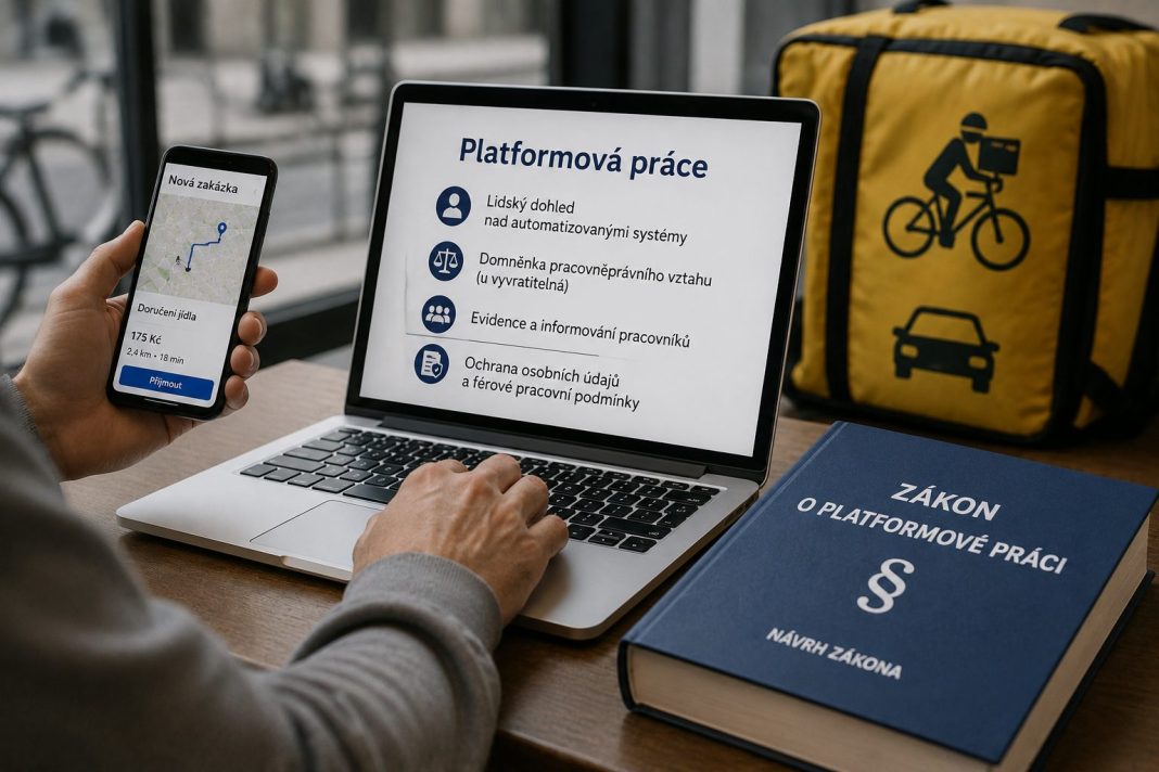 Pracovník digitální platformy s mobilem a notebookem na ilustrační vizualizaci