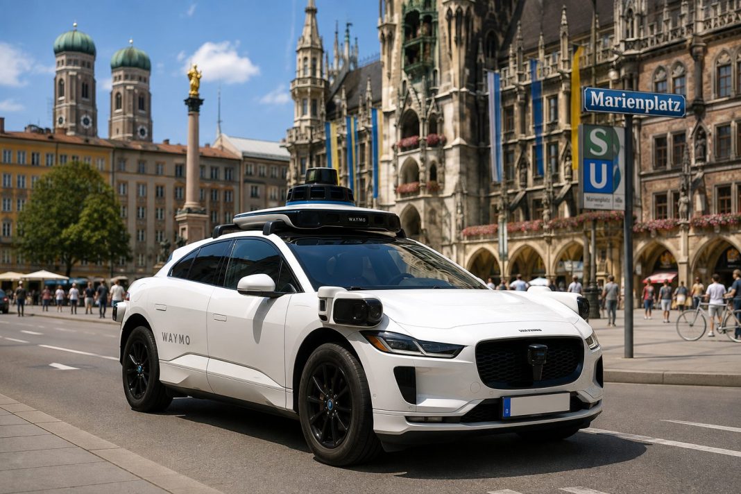 Autonomní vůz Waymo stojí v centru Mnichova před historickou zástavbou