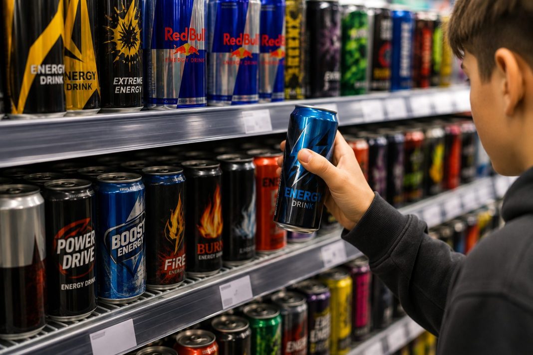 Mladý člověk vybírá plechovku energetického nápoje z regálu v obchodě