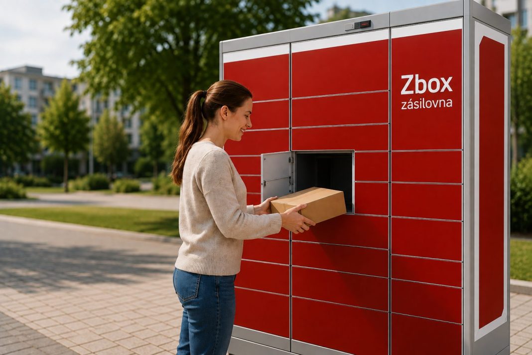 Žena vkládá balík do otevřené schránky červeného Z-Boxu Zásilkovny