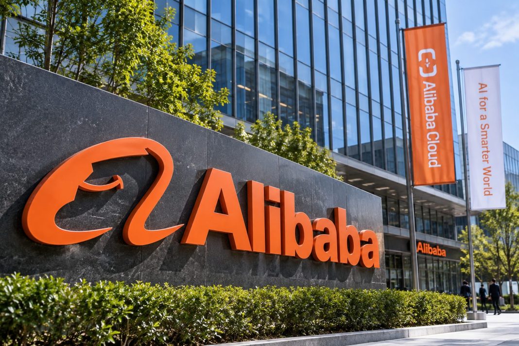 AI ilustrační zobrazení technologického areálu Alibaba s prvky cloudové infrastruktury