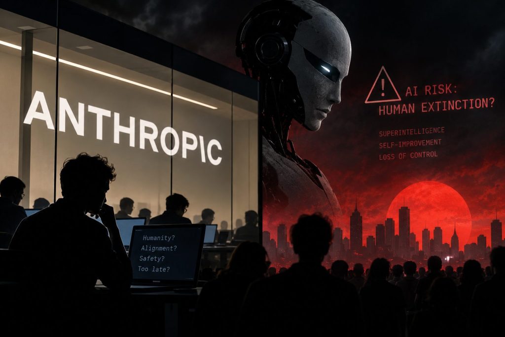 Temný ilustrační vizuál vývojářů v kanceláři, humanoidní umělé inteligence a varování před superinteligencí a ztrátou ko