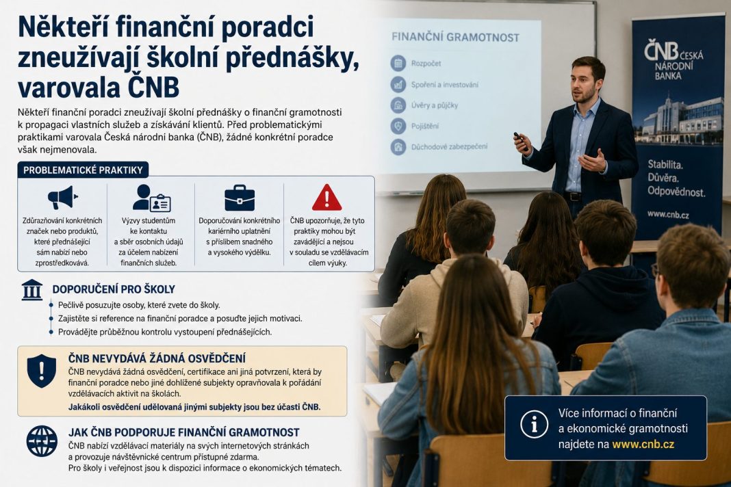 Ilustrační vizuál školní přednášky o finanční gramotnosti a varování České národní banky