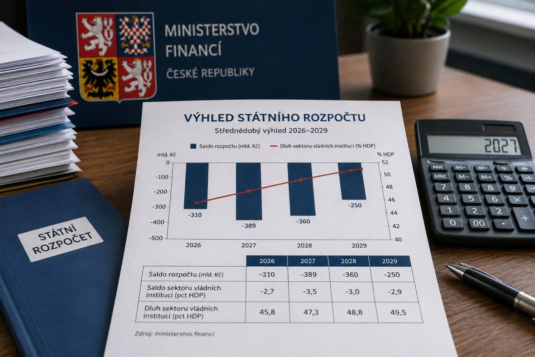 Ilustrační vizualizace rozpočtového výhledu ministerstva financí s grafem salda a státního dluhu