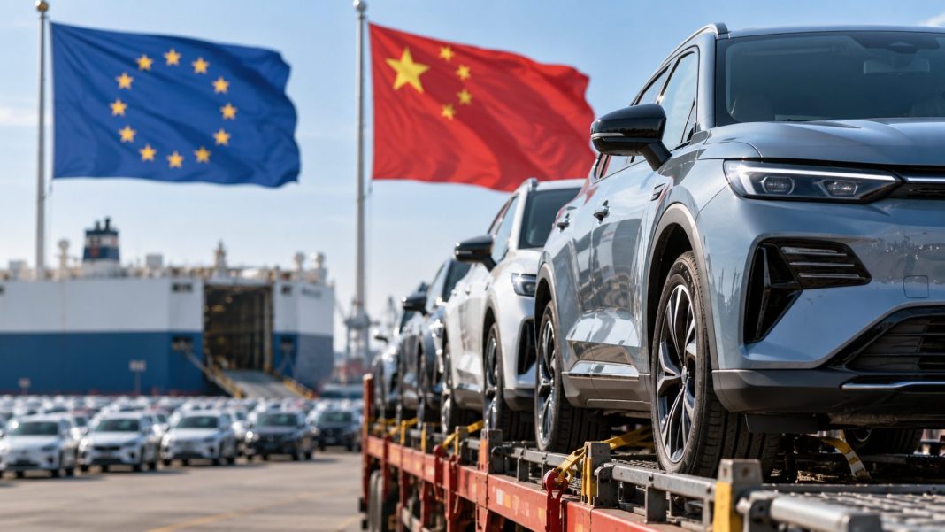 Automobily připravené k přepravě v přístavu s vlajkami Evropské unie a Číny