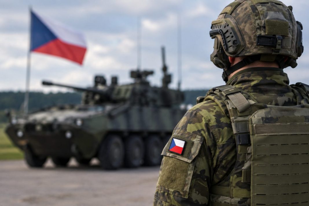 Český voják v maskovací uniformě před obrněným vozidlem a českou vlajkou