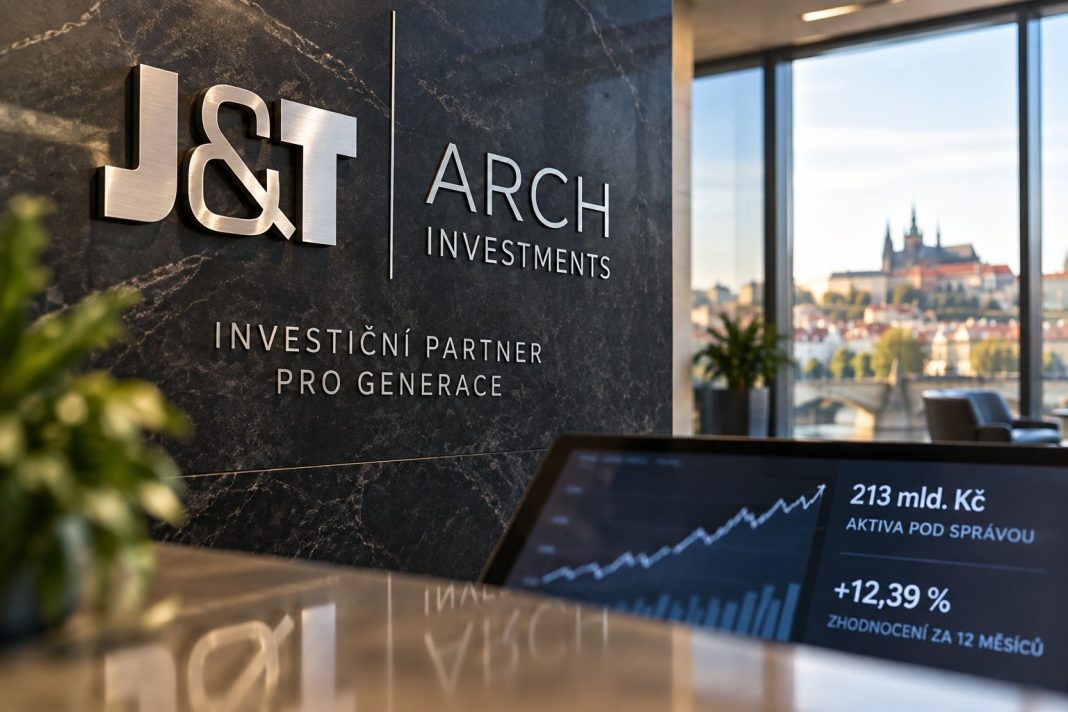 AI ilustrační zobrazení investiční společnosti J&T Arch Investments s grafem růstu aktiv
