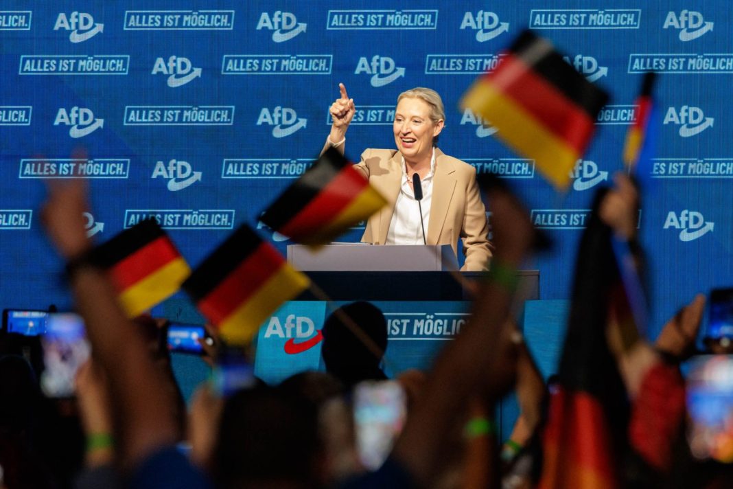 Představitelka AfD řeční u pódia před modrou stěnou s logy strany a německými vlajkami v popředí