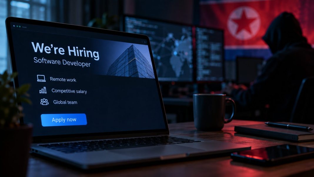 Notebook s pracovním inzerátem a postava u počítačů v tmavé místnosti s vlajkou Severní Koreje