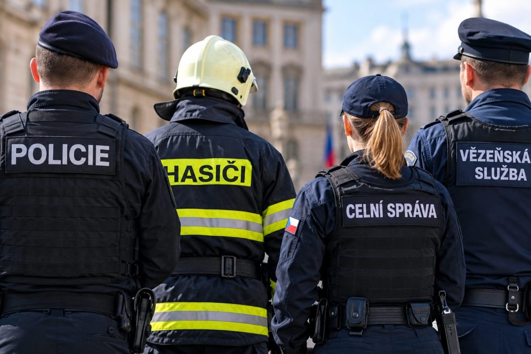 AI ilustrační zobrazení příslušníků policie, hasičů, celní správy a vězeňské služby