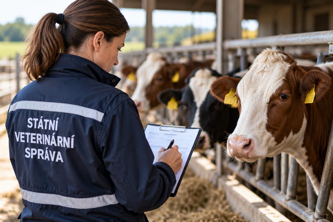 Veterinární inspektorka při kontrole skotu na farmě