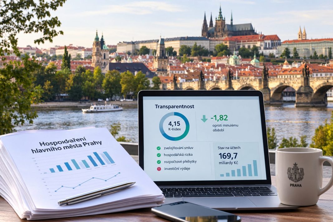 AI ilustrační vizuál Prahy s finančními dokumenty a údaji o transparentnosti hospodaření