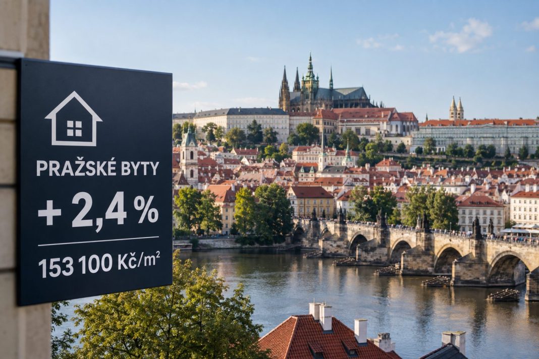 Panorama Prahy s grafickým panelem o růstu cen bytů o 2,4 procenta na 153.100 Kč za metr čtvereční