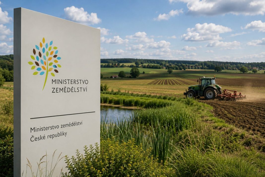 Ilustrační vizualizace Ministerstva zemědělství, zemědělské krajiny a traktoru