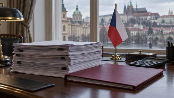 Stoh dokumentů, česká vlajka a kalkulačka na pracovním stole s výhledem na Pražský hrad
