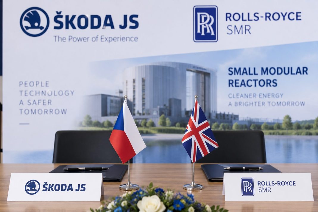 AI ilustrační zobrazení připraveného podpisového stolu se symboly Škoda JS, Rolls-Royce SMR a českou a britskou vlajkou
