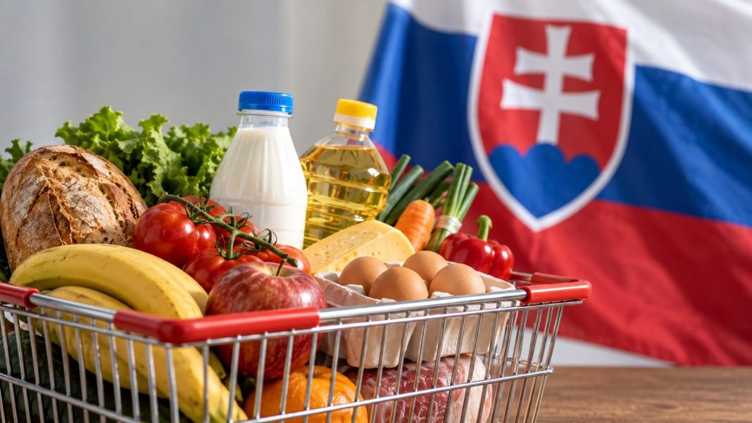 Nákupní košík s potravinami před slovenskou vlajkou