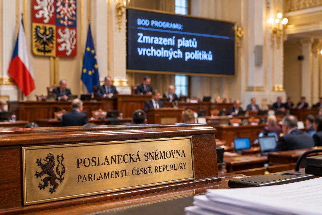 AI ilustrační zobrazení jednacího sálu Poslanecké sněmovny při debatě o zmrazení platů vrcholných politiků