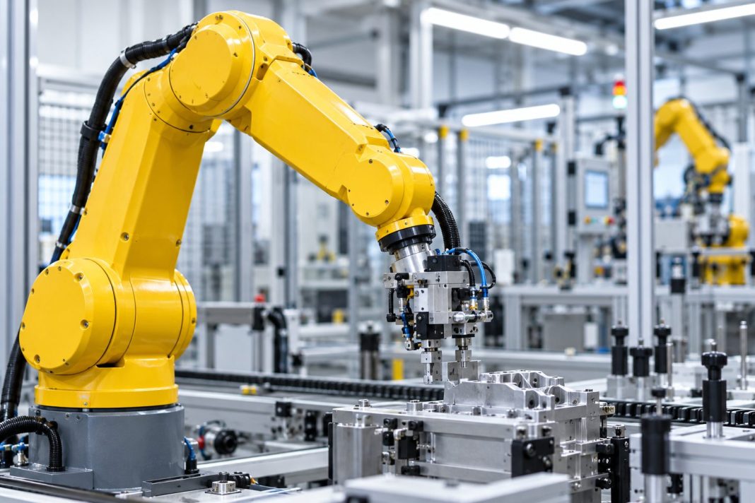 Žluté průmyslové robotické rameno v moderním automatizovaném výrobním provozu