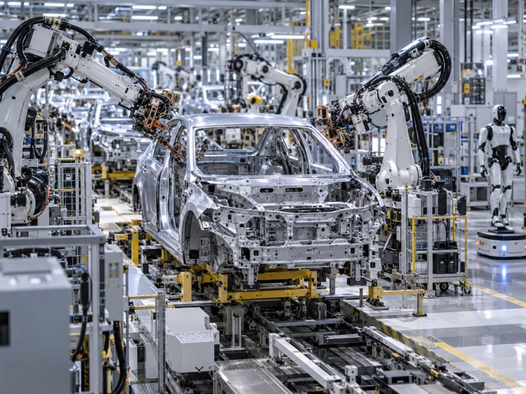 Robotická ramena pracují na karoserii automobilu v automatizované továrně