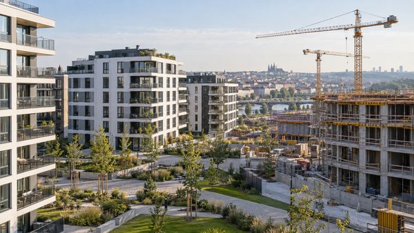 Nové bytové domy a rozestavěný developerský projekt v Praze
