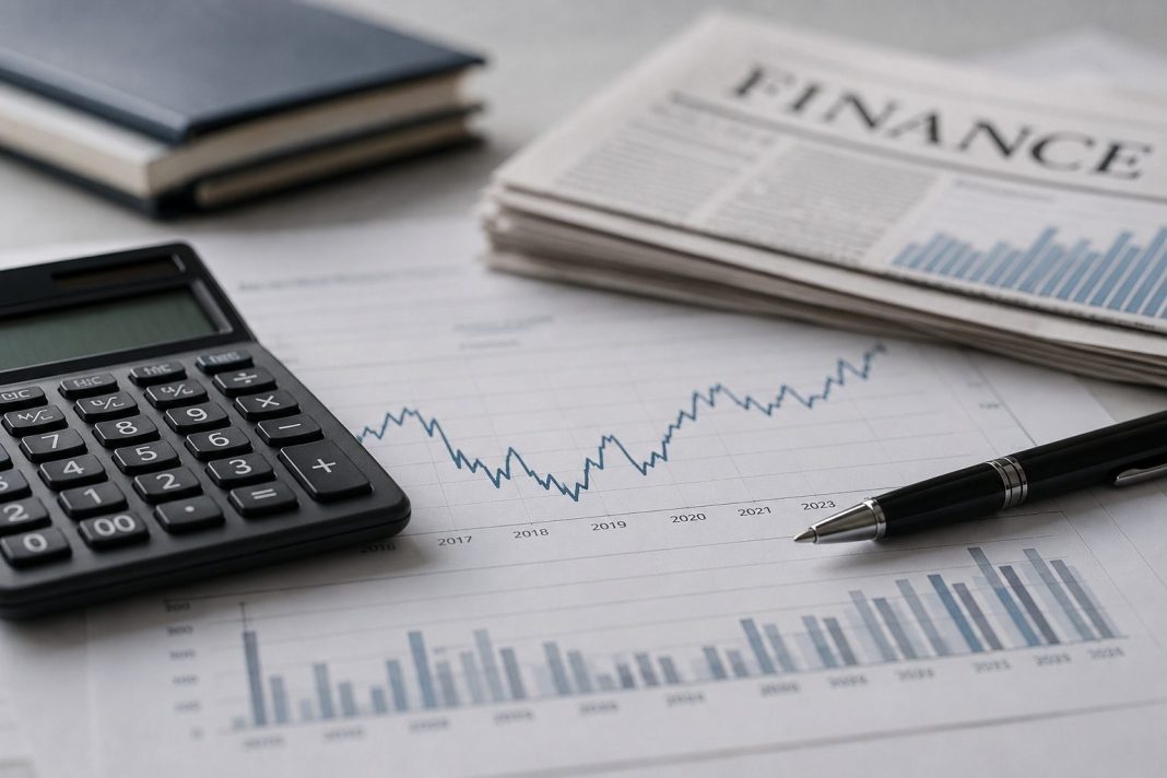 Neutrální ilustrační vizualizace finančních grafů, kalkulačky a dokumentů