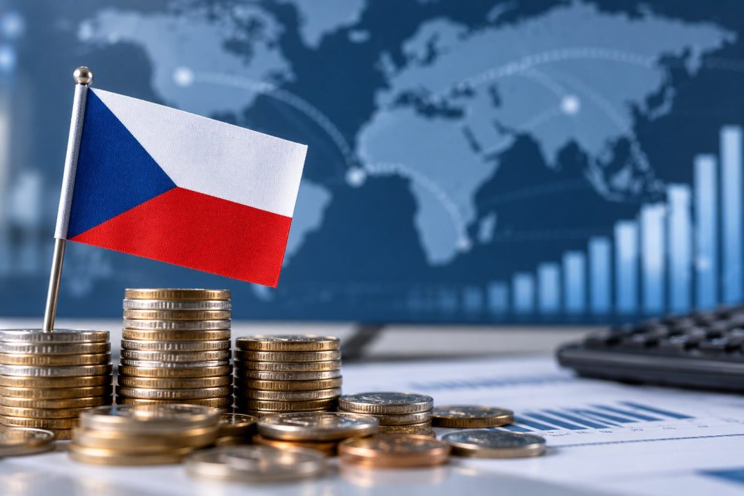 Česká vlajka a mince jako ilustrace zahraničního dluhu České republiky